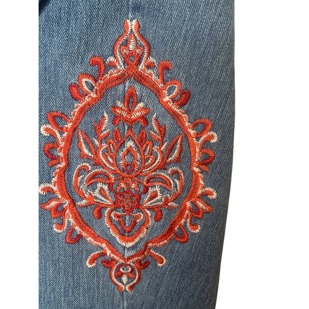 Belle Kim Gravel Medium Wash Denim Crop Jeans Orange Embroidery Size 16 - Picture 3 of 16